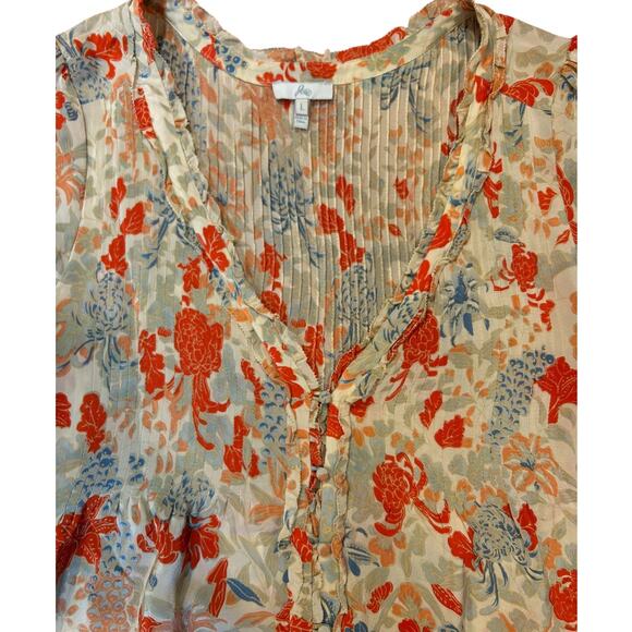 JOIE Floral Orange Blue Peony Pintuck Cap Short Sleeve Ruffle Button  LARGE - Picture 1 of 6